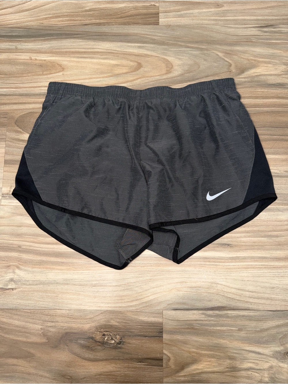 Nike Women's Gray and Black Athletic Running Shorts with White Swoosh